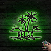 Custom Dolphin Palm Tree Metal Sign Led Lights, Personalized Beach House Metal Name Sign, Palm Tree Metal Wall Art, Backyard Patio Metal Sign